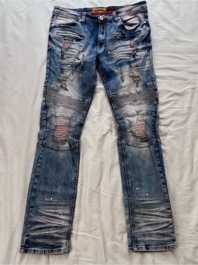 Makobi Prado Biker Moto Denim Jeans Men Size 36x34 Medium Wash Blue Pink